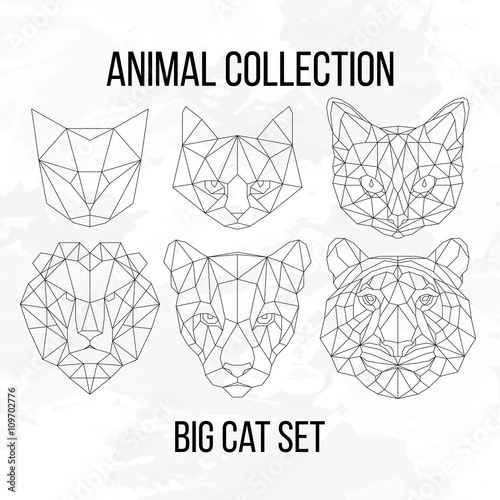 Set of geometric cat tiger lion puma head isolated on white background vintage design element illustration