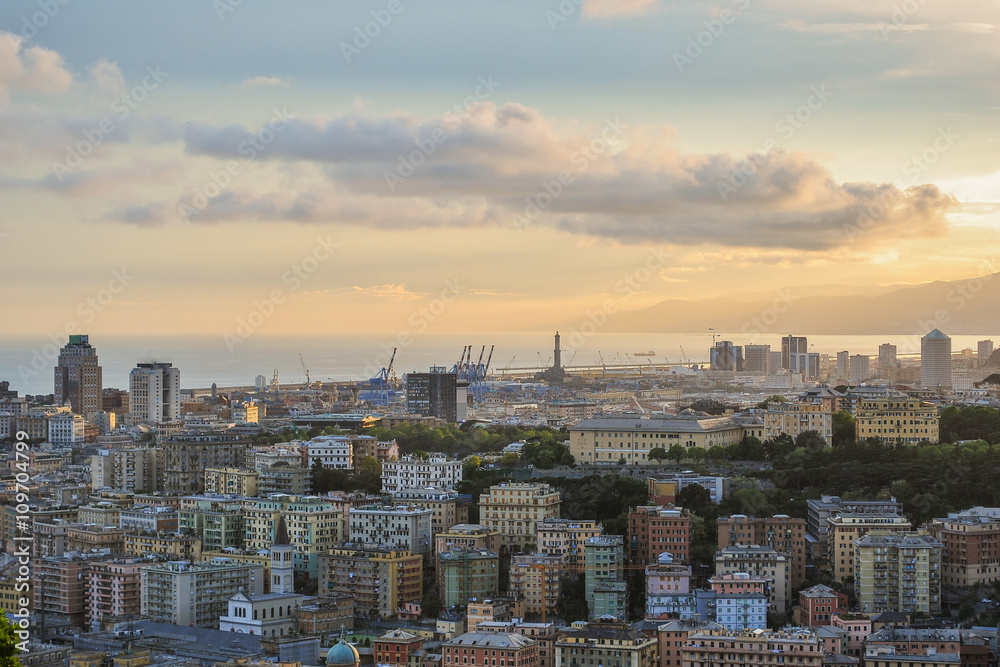 Skyline of Genoa during the sunset