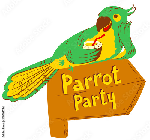 Vector illustration with cartoon green parrot