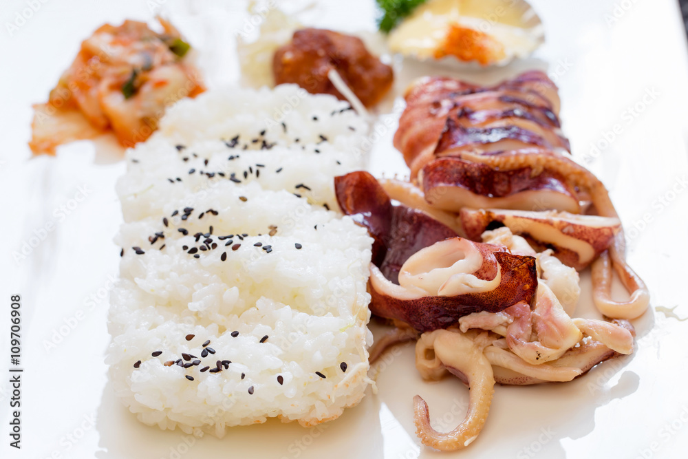 Japanese food with grilled squid