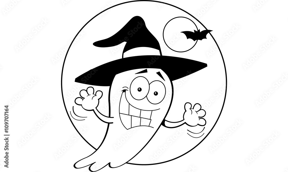 Black and white illustration of a ghost wearing a witch's hat. Black and white illustration of a ghost wearing a witch's hat.