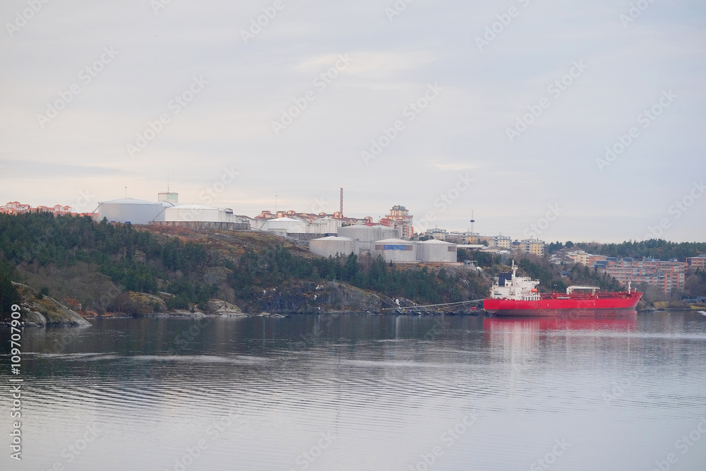 Stockholm, Sweden - March, 16, 2016: cargo ship in Stockholm, Sweden