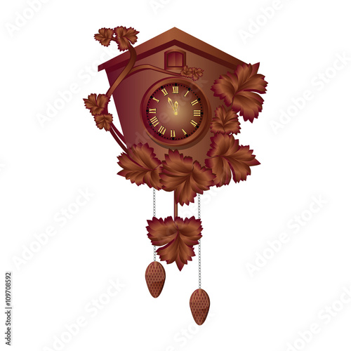 Cuckoo clock wall . On the wall .Decorated with carved leaves and branches. On a white background.