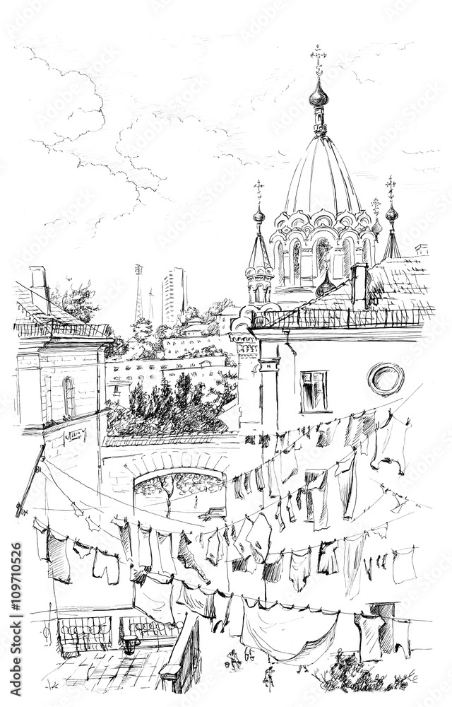 The old town. Cathedral, roofs, view from above, drying laundry, Sevastopol, Crimea. Drawing by hand