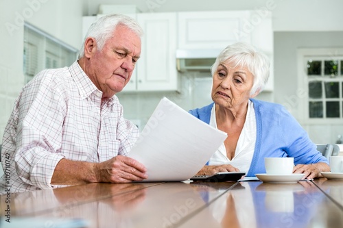 Happy couple with documents while sitting at table 
