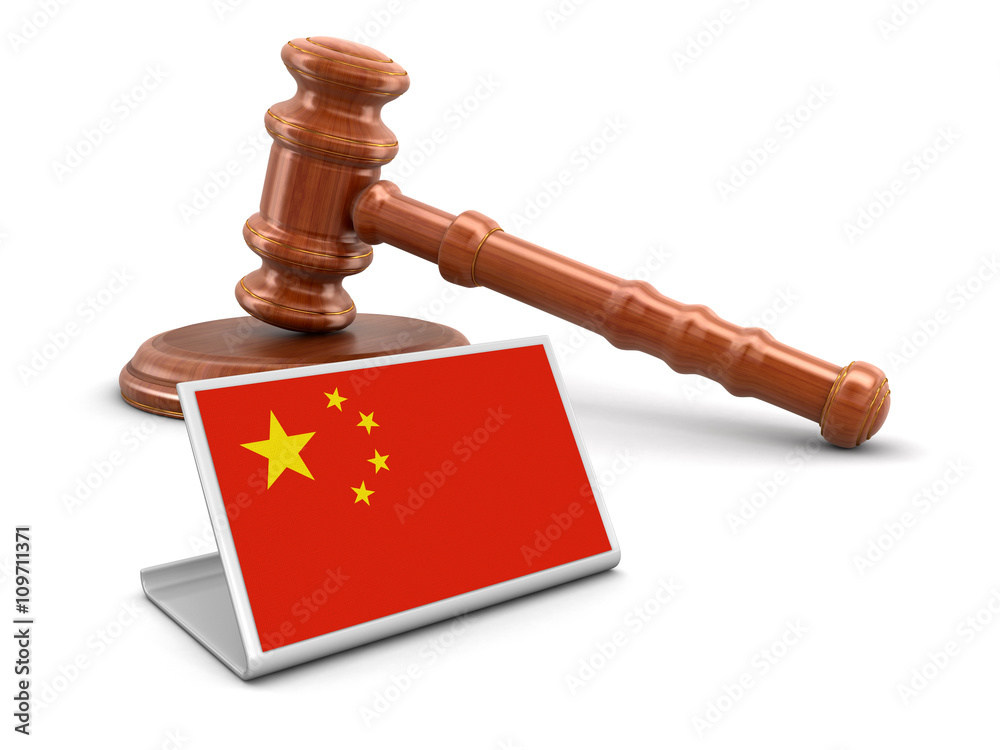 3d wooden mallet and Chinese flag. Image with clipping path