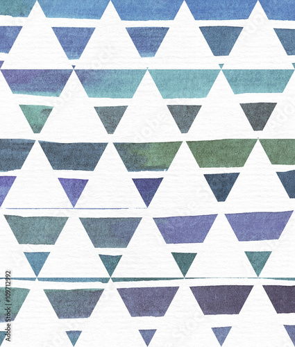 Blue and purple illustration, cool and branding freehand texture based on watercolor gradient stripes in classic equilateral triangles. Large, grainy, bright image on white paper with imperfections.