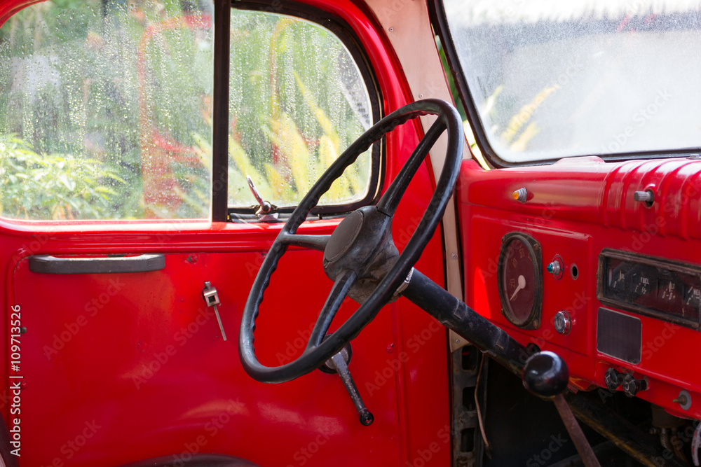 Interior of classic vintage red car