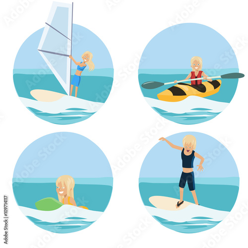 water sport set with cartoon girls  with four images with
