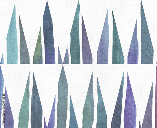 Blue and purple illustration, cool and branding freehand texture, based on watercolor gradient stripes and long triangles pattern. Large, grainy, bright template with imperfections on white paper.