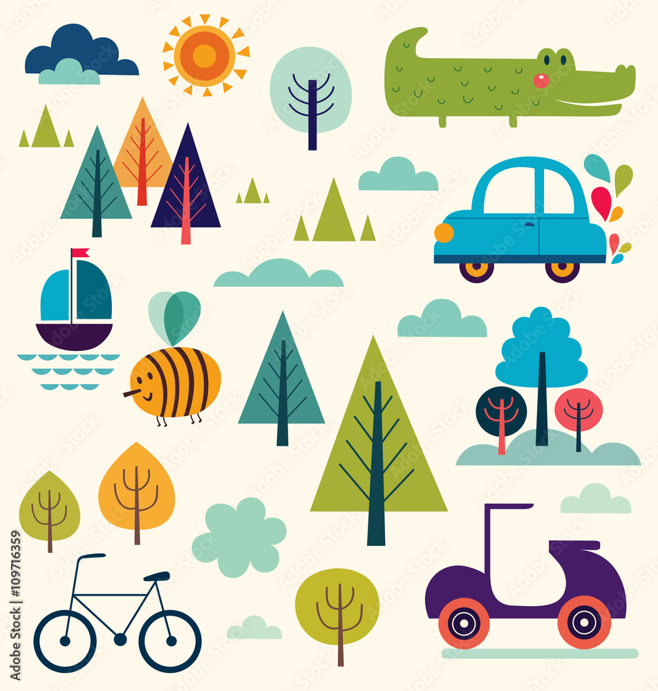 Naklejka premium Vector illustration with summer and travel symbols