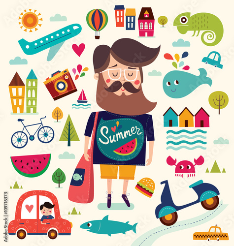 The man with summer and travel symbols