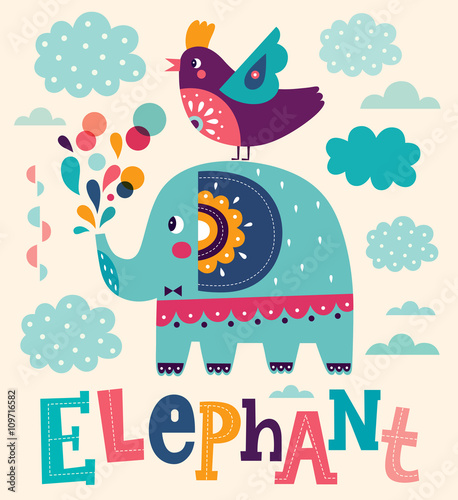 Funny cartoon illustration with cute elephant and bird