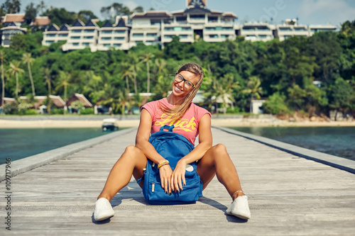 Hipster girl with bag outdoor summer portrait © paultarasenko