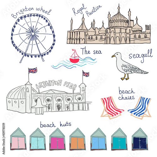 Set of hand drawn doodles of Brighton, England