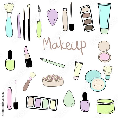Set of hand drawn doodles with makeup items: brushes, shadows, mascara, foundation, cream, concealer, blush, bronzer, mineral powder, nail polish, beauty blender, brow pencil, lipstick.