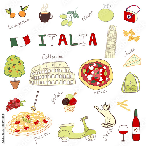 Set of hand drawn doodles of Italy
