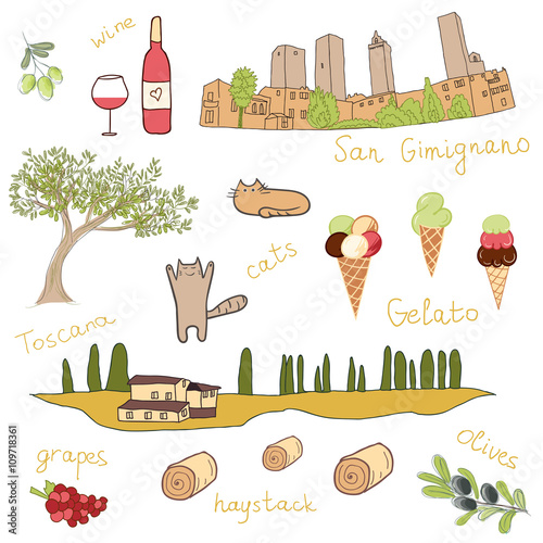 Set of hand drawn doodles of San Gimignano, Tuscany, Italy