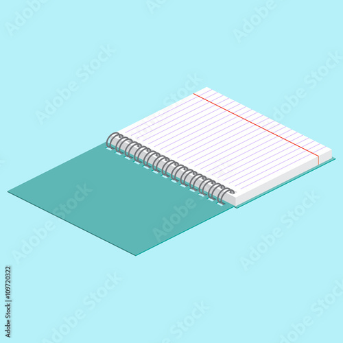 Isometric illustration on a blue background with the image of open spiral notebook. Vector illustration. Spiral binding.