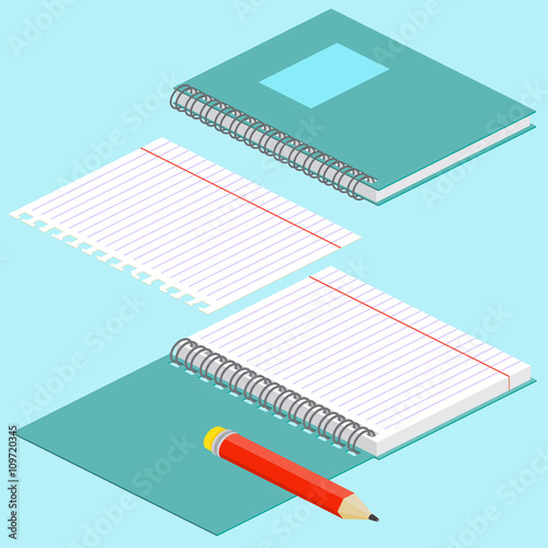 Isometric illustration on a blue background with the image of notebook, pencil, open spiral notebook and lined paper. Vector illustration. Spiral binding and notebook paper.