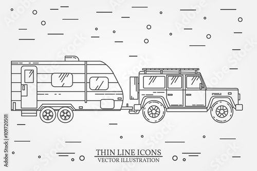 Vector illustration of car and travel trailers. Summer trip family travel concept.  Thin line icon. Vector illustration.