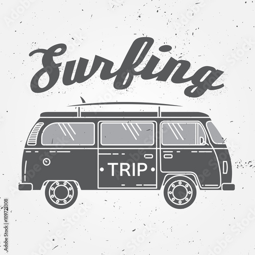 Surf trip concept Vector Summer surfing retro badge. Beach surfer emblem , rv outdoors banner, vintage background. Boards, retro car. Surf icon design.