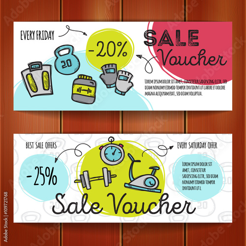Vector set of discount coupons for sport accessories. Colorful doodle style discount voucher templates. Gym and fitness equipment promo offer cards.
