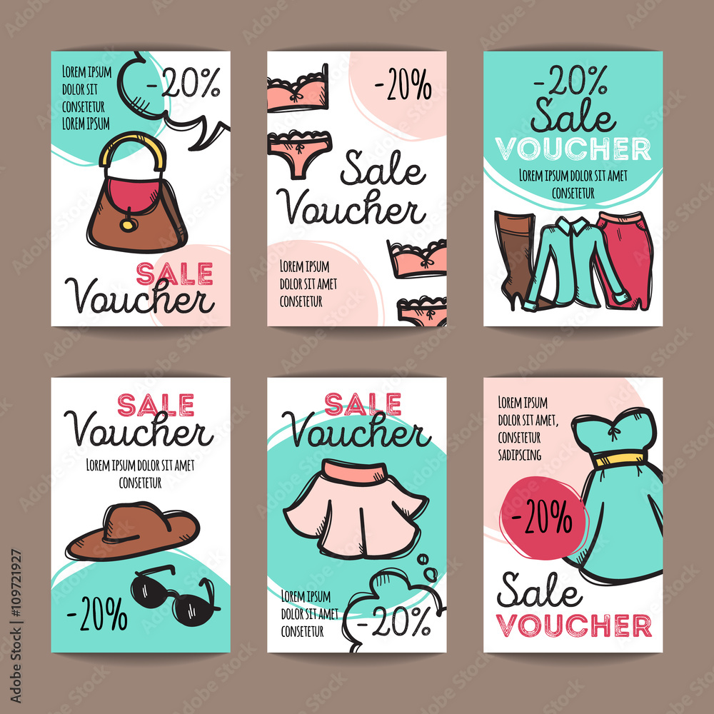 Vector set of discount coupons for woman clothes, underwear and accessories. Colorful doodle style discount voucher templates. Fashion store promo offer cards. Vector set of discount coupons for woman clothes, underwear and accessories. Colorful doodle style discount voucher templates. Fashion store promo offer cards.