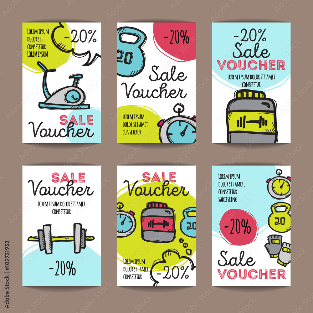 Vector set of discount coupons for sport accessories. Colorful doodle style discount voucher templates. Gym and fitness equipment promo offer cards.