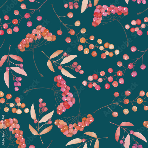 Seamless pattern with the red and orange berries, hand drawn in a watercolor on a dark green background, background for your card and work, hand drawn in a pastel