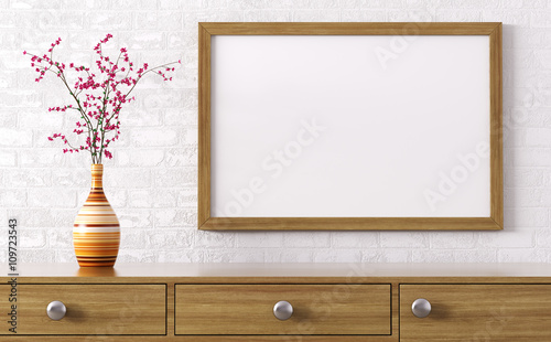 Fototapeta Naklejka Na Ścianę i Meble -  Blank wooden frame above dresser 3d rendering