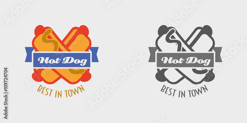 Hot dog vector logo or label, fast food, junk food. Monochrome and color