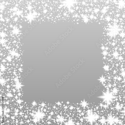Shiny silver festive background with glittering stars or snowflakes on frame, winter or Christmas or any other celebration pattern