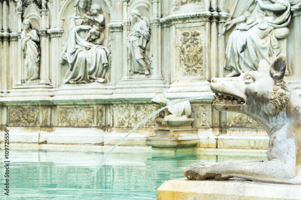 The Fonte Gaia is a monumental fountain located in the Piazza del Campo in the center of Siena (Tuscany, Italy). Focused on the head of the animal.