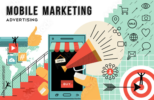Mobile marketing and advertising concept line art