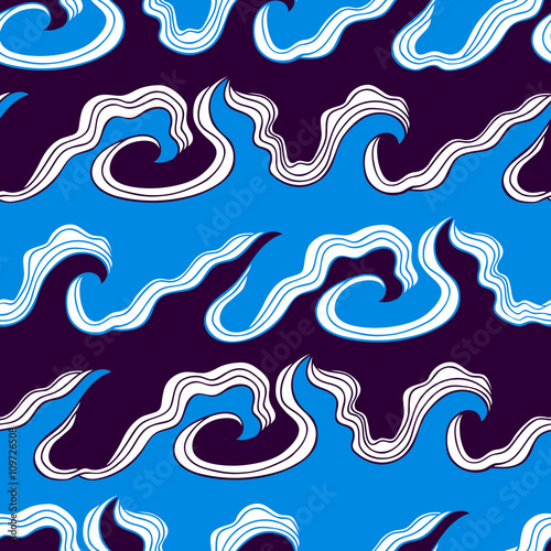 Abstract wave seamless pattern, hand-drawn black and blue waves background, stylized water, can be used for design fabric, wrapping paper, package, EPS 8