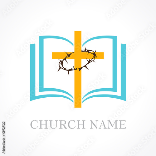 Cross bible church logo. Template logo for the church in the form of a cross and a crown of thorns and open bible