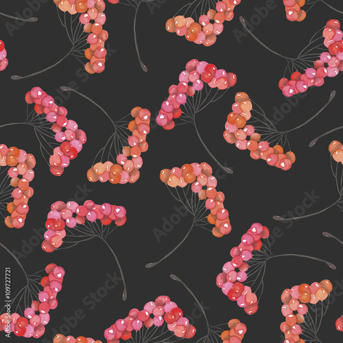 A seamless pattern with a floral ornament of the watercolor rowan tree branches, hand drawn on a dark background