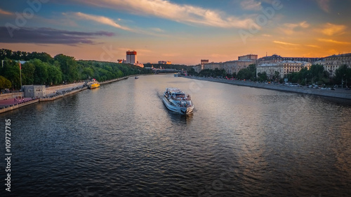 The ship on Moscow river at sunset
