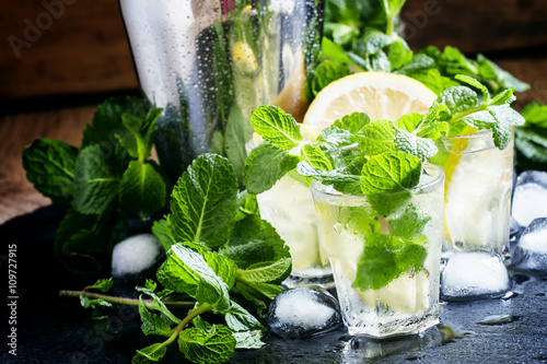 Alcoholic cocktail with vodka and ice mint tea, black background photo