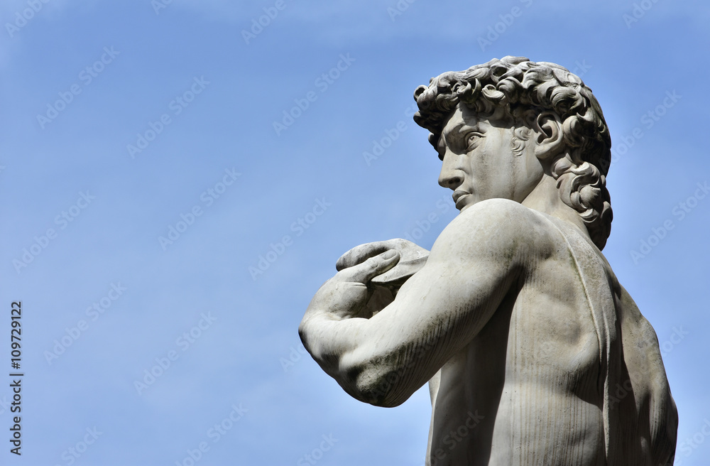 Michelangelo's David (with copy space). Detail from the replica statue of David in Piazza della Signoria Square, Florence. A masterpiece of Renaissance sculpture, created by Michelangelo in 1504. Michelangelo's David (with copy space). Detail from the replica statue of David in Piazza della Signoria Square, Florence. A masterpiece of Renaissance sculpture, created by Michelangelo in 1504.