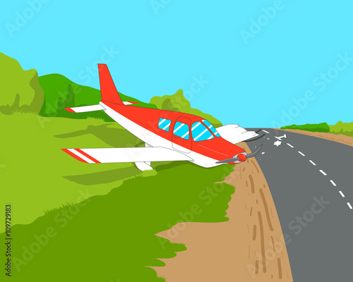 Light aircraft made an emergency landing on a highway. Vector illustration