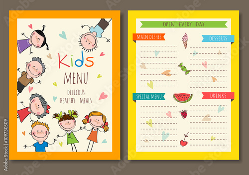 Cute colorful kids meal menu vector template