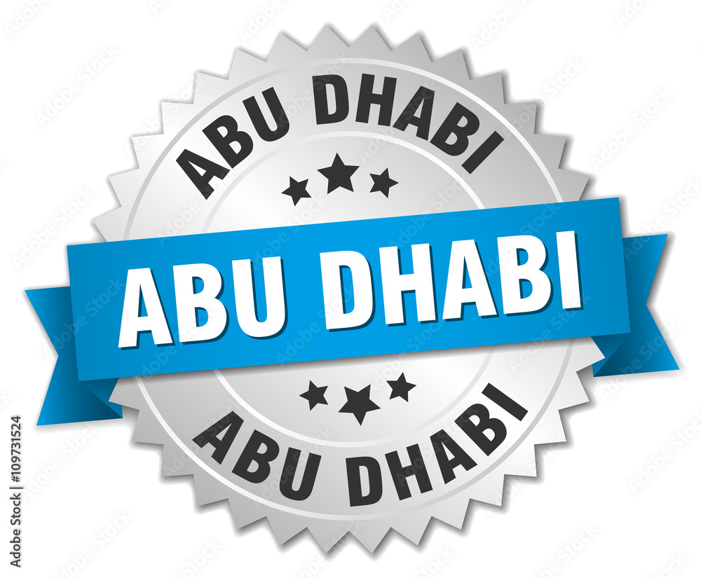 Fototapeta premium Abu Dhabi round silver badge with blue ribbon