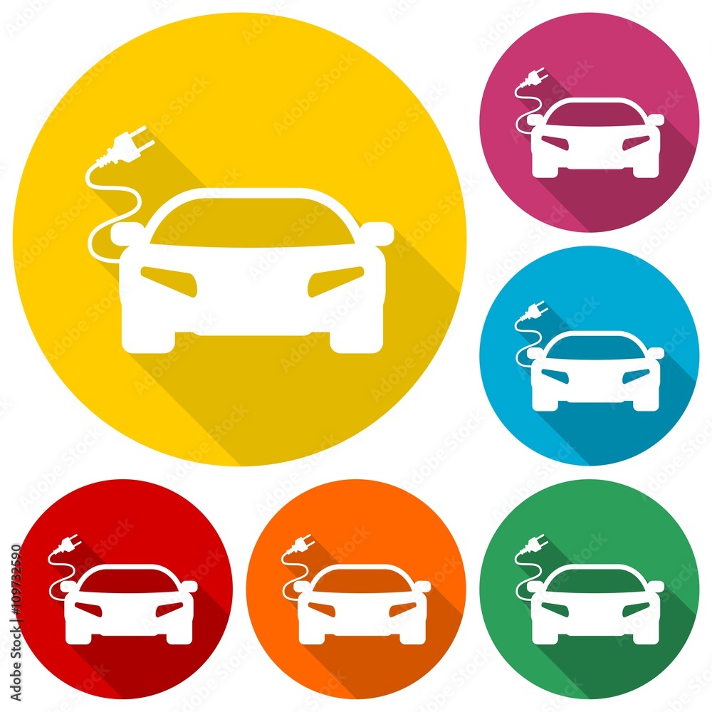 Electric car icons set with long shadow Electric car icons set with long shadow