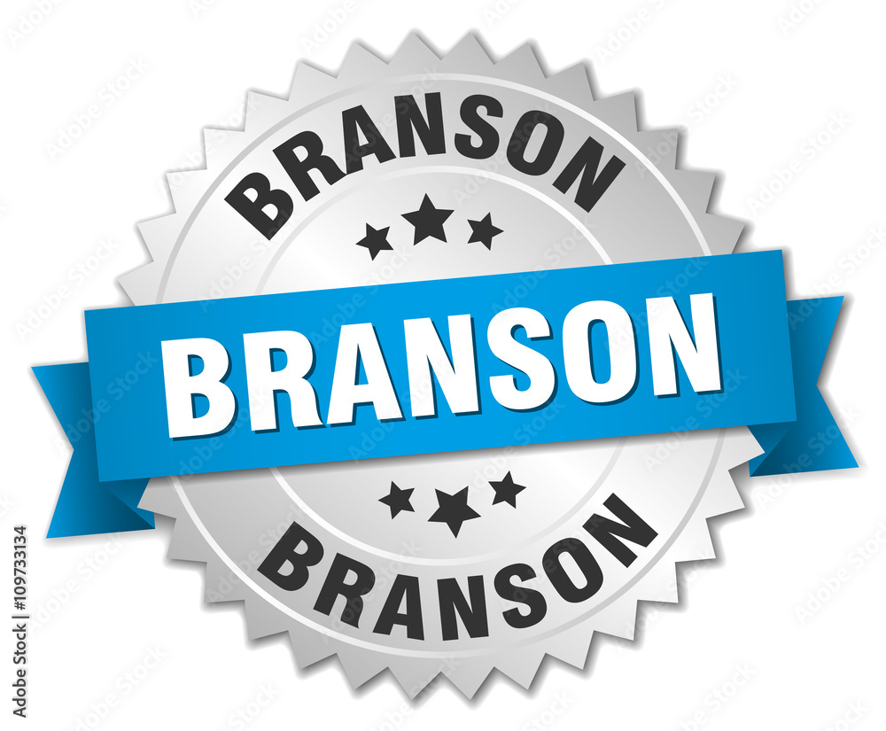 Branson round silver badge with blue ribbon