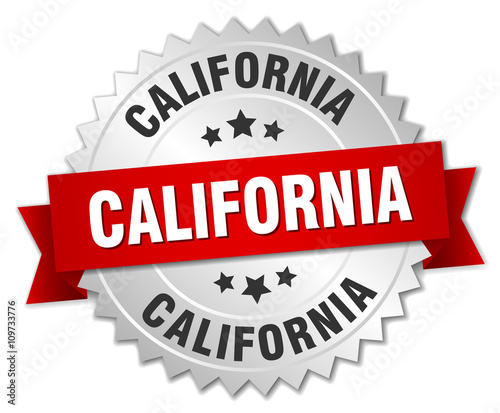 California  round silver badge with red ribbon