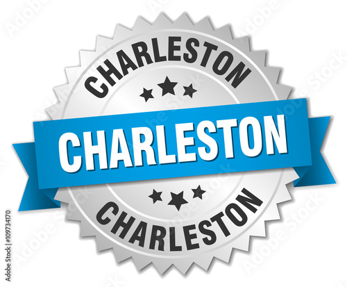 Charleston round silver badge with blue ribbon