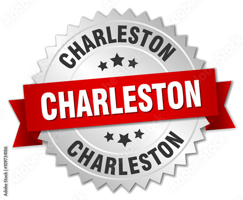 Charleston  round silver badge with red ribbon