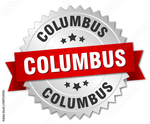 Columbus  round silver badge with red ribbon